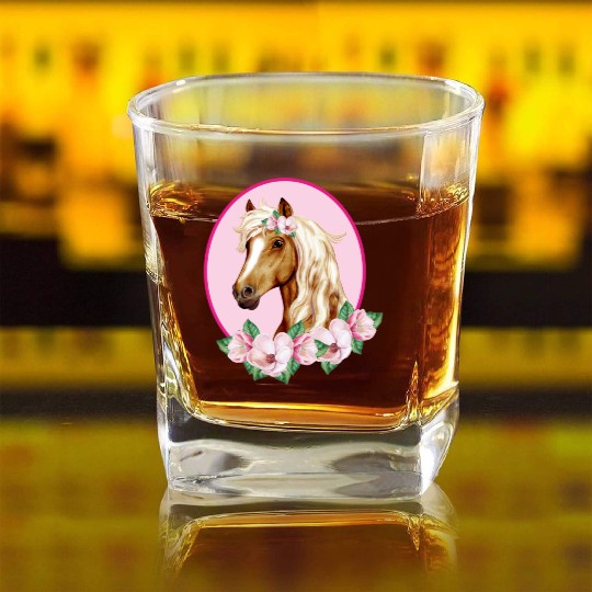 Brown Horse with pink Flowers Square Whiskey Glasses