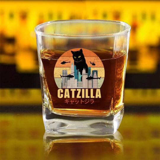 Retro Vintage Catzilla Japanese Cute Cat Lover Square Whiskey Glasses