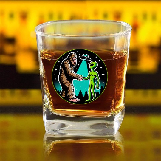 Bigfoot Alien Alliance - Funny Scifi Cryptid Square Whiskey Glasses