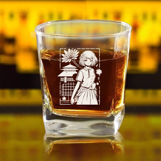 Japan: Sakura Girl Cartoon Square Whiskey Glasses