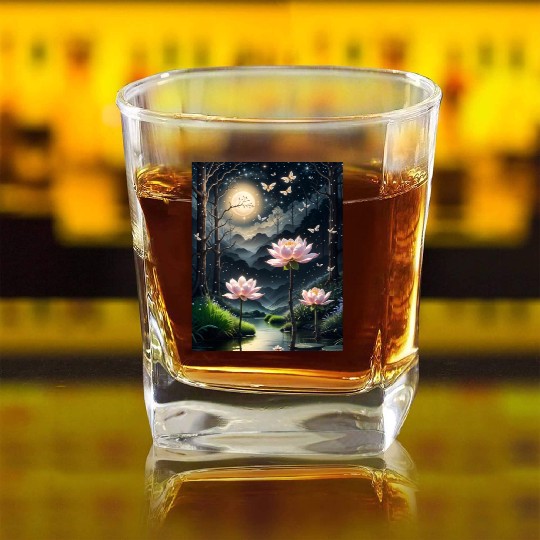 Lotus Blossoms Under the Moonlight Square Whiskey Glasses