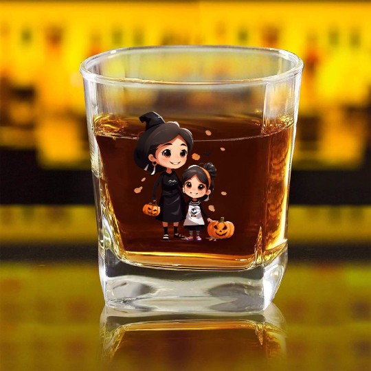Mother and Daughter Halloween Trick-or-Treat Fun Square Whiskey Glasses