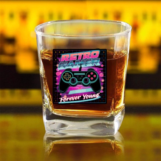 Retro Gamer Forever Young 01 sticker Square Whiskey Glasses