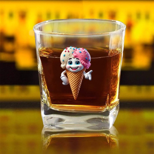 Cheerful Ice Cream Cone with Sprinkles & Big Smile Square Whiskey Glasses
