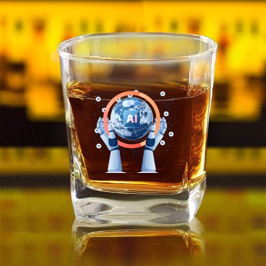 Robot Hand Holding World with Ai Chip Square Whiskey Glasses