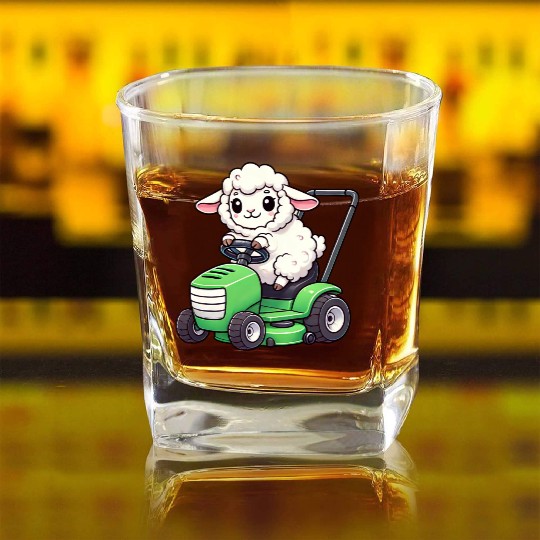 Funny sheep lawn mower farmer lamb grass Square Whiskey Glasses