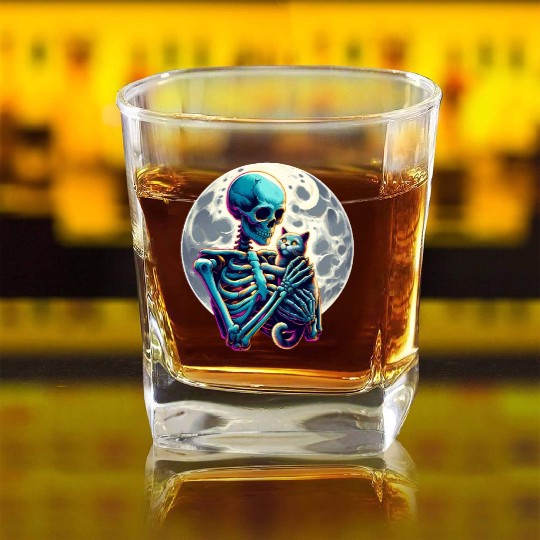 Skeleton Cute Cat Skull Kitty Halloween Square Whiskey Glasses