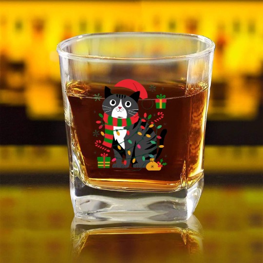 Cute Christmas Cat Design - Festive Lights Square Whiskey Glasses