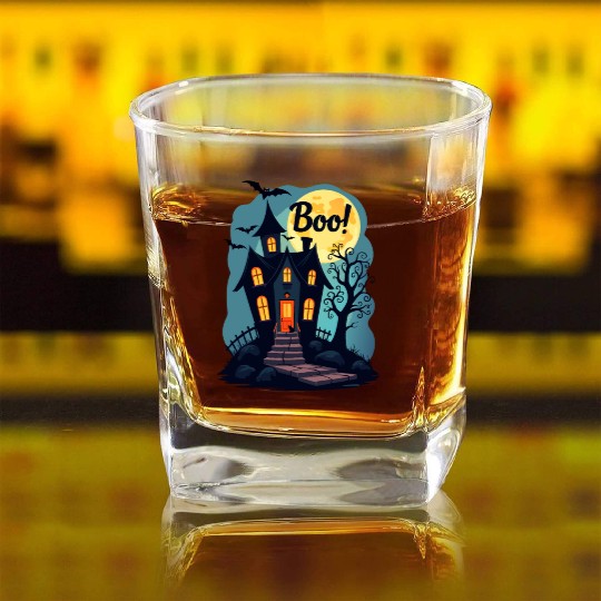 spooky haunted house with a black cat sitting Square Whiskey Glasses