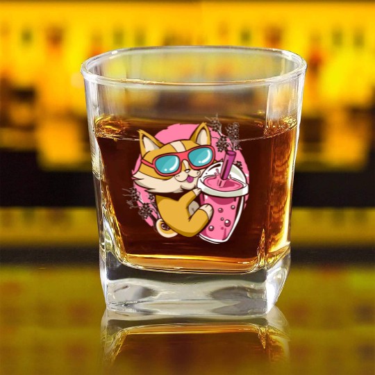 Kitten Kawaii Boba Milk Tea Drinking Cat Square Whiskey Glasses