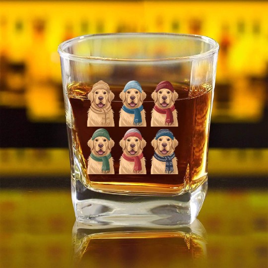 Winter Cute Golden Retriever Square Whiskey Glasses