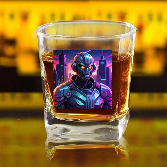 "Cyber Sentinel: Futuristic Robot in a Neon City" Square Whiskey Glasses