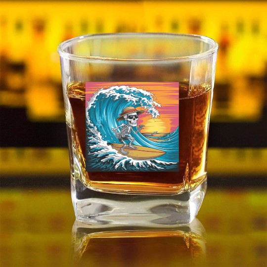 Surfing Skeleton Vibes Surfing Lifestyle Retro Square Whiskey Glasses
