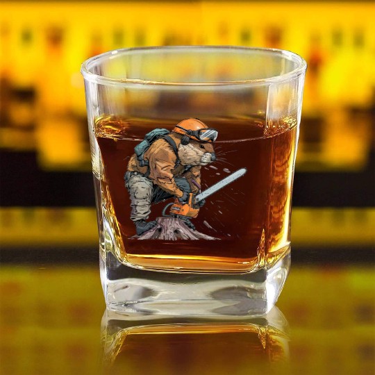 Beaver Lumberjack Chainsaw Square Whiskey Glasses