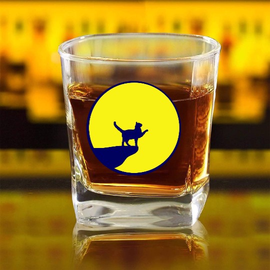 Cat Moon Cliff At Night Werewolf Round Howling Fun Square Whiskey Glasses