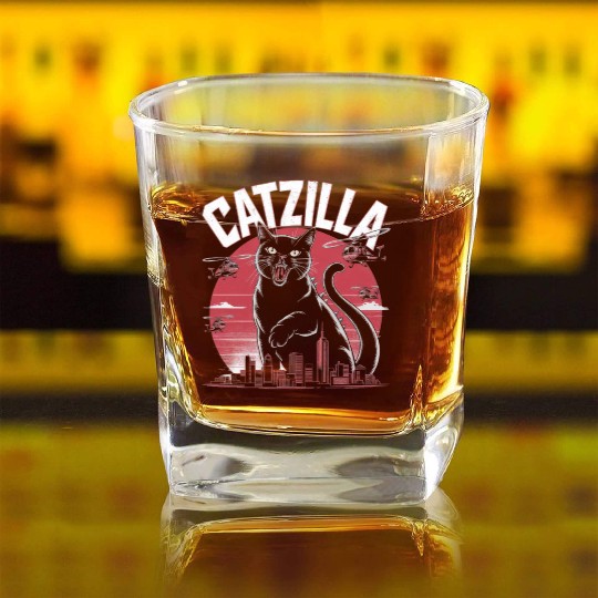 Catzilla Attacks City Design Square Whiskey Glasses