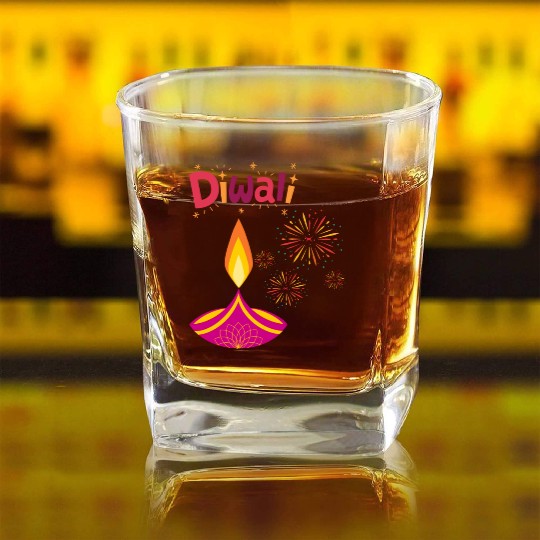 Diwali Design with Lamp & Festive Fireworks Square Whiskey Glasses