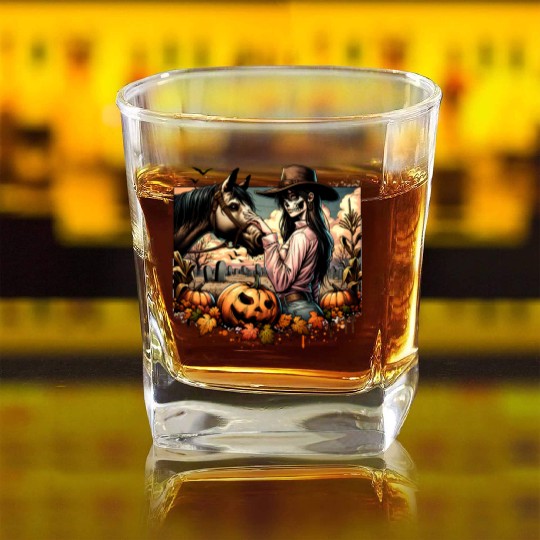 Haunting Cowgirl and Horse in Halloween Graveyard Square Whiskey Glasses