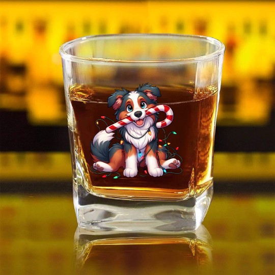 Christmas Dog Australian Shepard Lights Square Whiskey Glasses