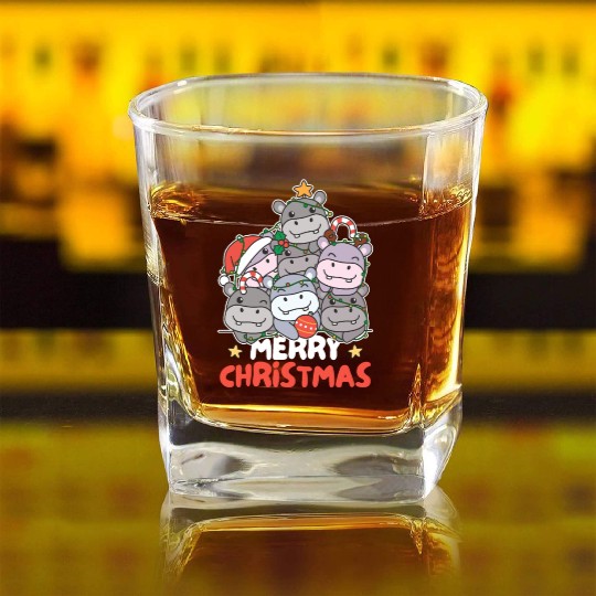 Hippo Christmas Tree Merry Christmas Square Whiskey Glasses