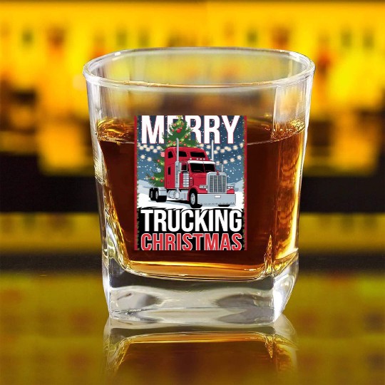 Merry Trucking Christmas Festive Semi-Truck Card Square Whiskey Glasses