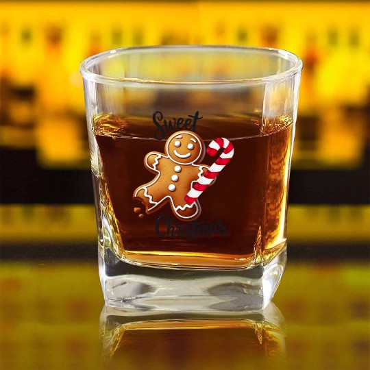 Happy gingerbread man with candy cane Square Whiskey Glasses