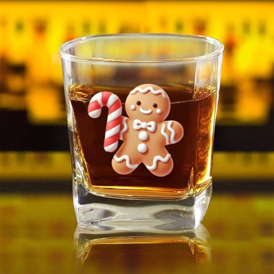 Happy gingerbread man with candy cane Square Whiskey Glasses