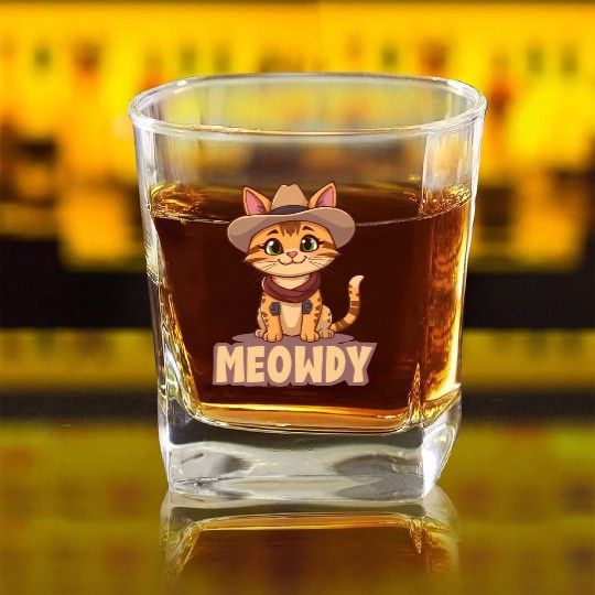 Cowboy Cat "Meowdy" Western yellow wild west cat Square Whiskey Glasses