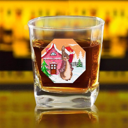 A rabbit walking on Christmas Day Square Whiskey Glasses