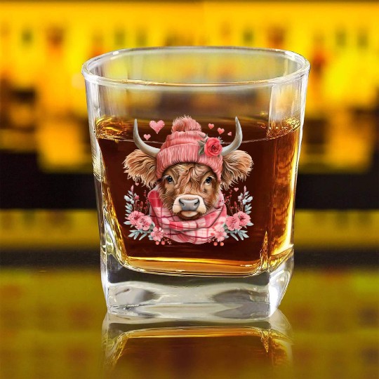 Cute Highland Cow Valentines Day Square Whiskey Glasses