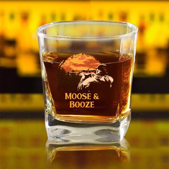 Moose and Booze Deer Hunting Elk Hunter Drinking B Square Whiskey Glasses