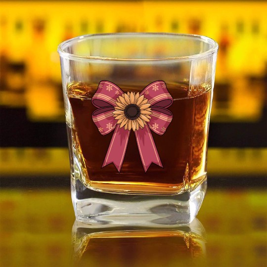 Sunflower on Red Bow With Snowflakes Square Whiskey Glasses