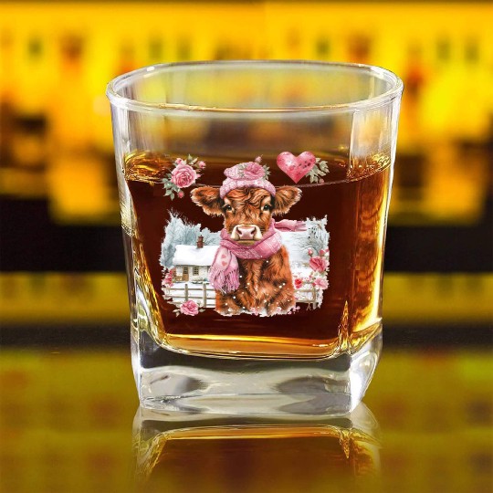 Cute Highland Cow Valentines Day Square Whiskey Glasses