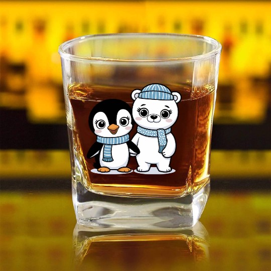 Happy Penguin and Polar Bear Best Friends Square Whiskey Glasses