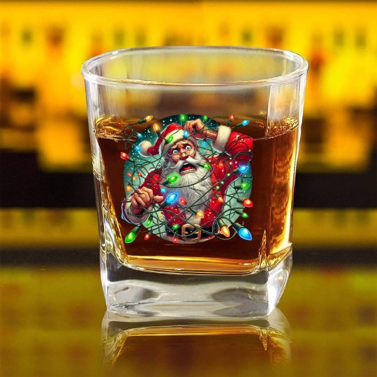 Funny Christmas Santa: Tangled in Lights Square Whiskey Glasses