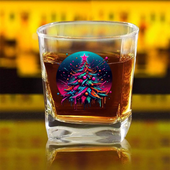 Neon Graffiti Christmas Tree with Bold Spray Paint Square Whiskey Glasses