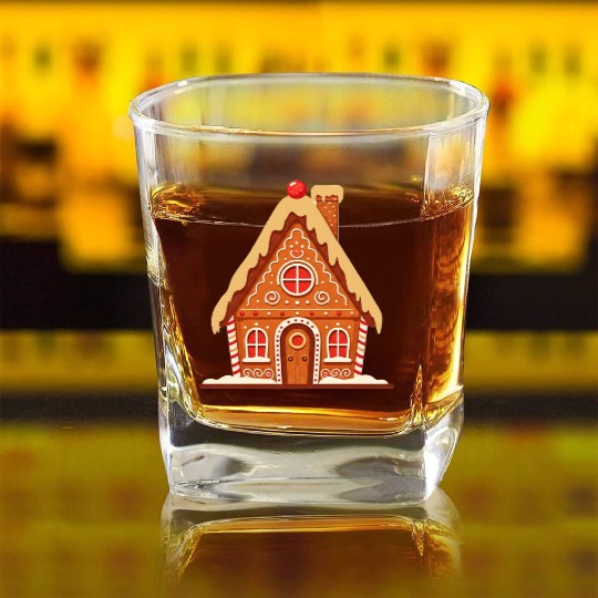 Festive Gingerbread House Print Square Whiskey Glasses