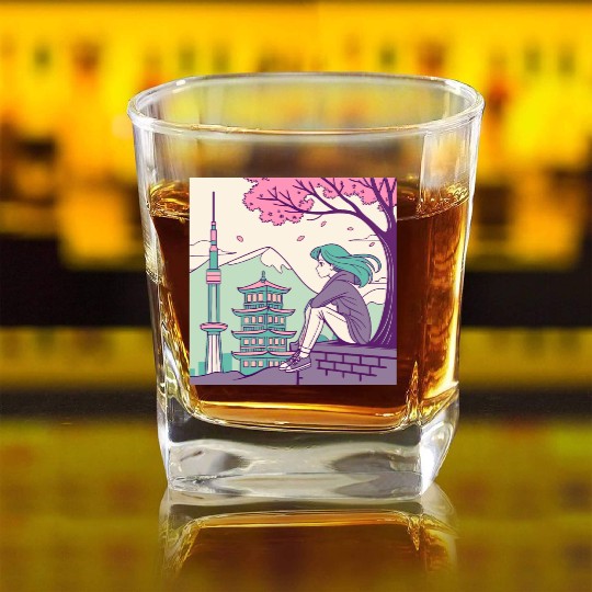 "Peaceful Anime Vibes: Girl Relaxing with Sakura Square Whiskey Glasses