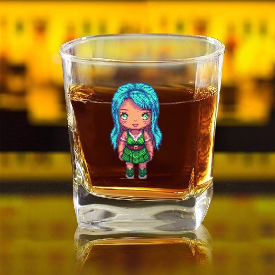 Mystic Emerald Sprite - Pixel Art Design Square Whiskey Glasses