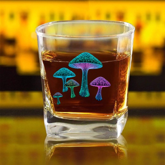 Psychedelic Neon Fungi Glow Square Whiskey Glasses