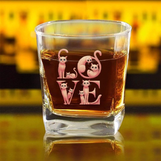 Love Cat peach Square Whiskey Glasses