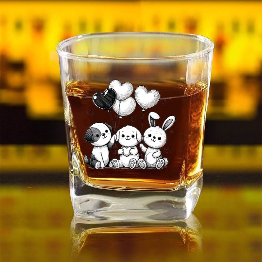 Heartfelt Trio - Bunny & Puppies with Balloons Square Whiskey Glasses