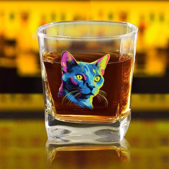 Cat Watercolor Colorful Russian Blue Square Whiskey Glasses