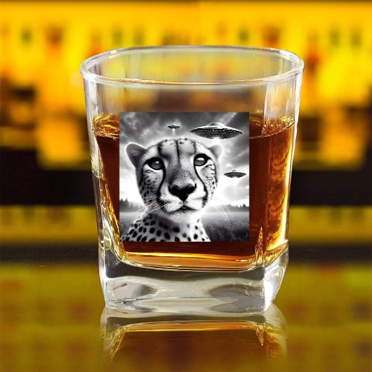Cheetah Funny Graphic Selfie with UFOs Weird Alien Square Whiskey Glasses