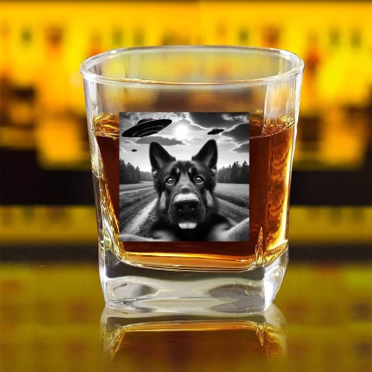 German2 Shepherd Funny GSP Selfie with UFOs Weird Square Whiskey Glasses