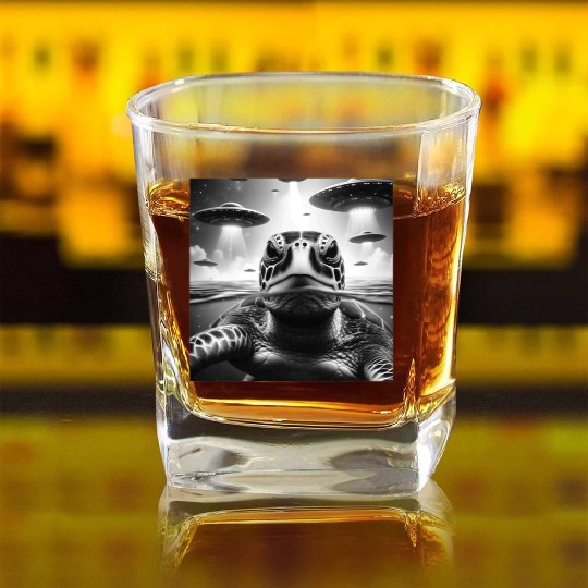 Sea Turtle Funny Graphic Selfie with UFOs Weird A Square Whiskey Glasses
