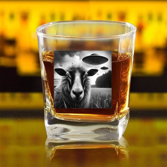 Sheep ram2, lamb Funny Graphic Selfie with UFOs We Square Whiskey Glasses