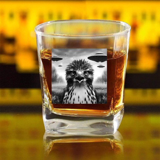 Hawk falcon Funny Graphic Selfie with UFOs Weird Square Whiskey Glasses