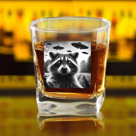Racoon trash panda Funny Graphic Selfie UFOs Weir Square Whiskey Glasses