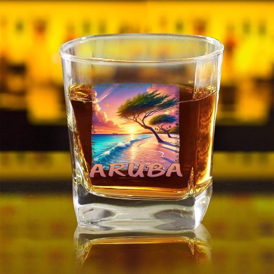 Aruba Eagle Beach Sunset Palm Trees Grunge Square Whiskey Glasses